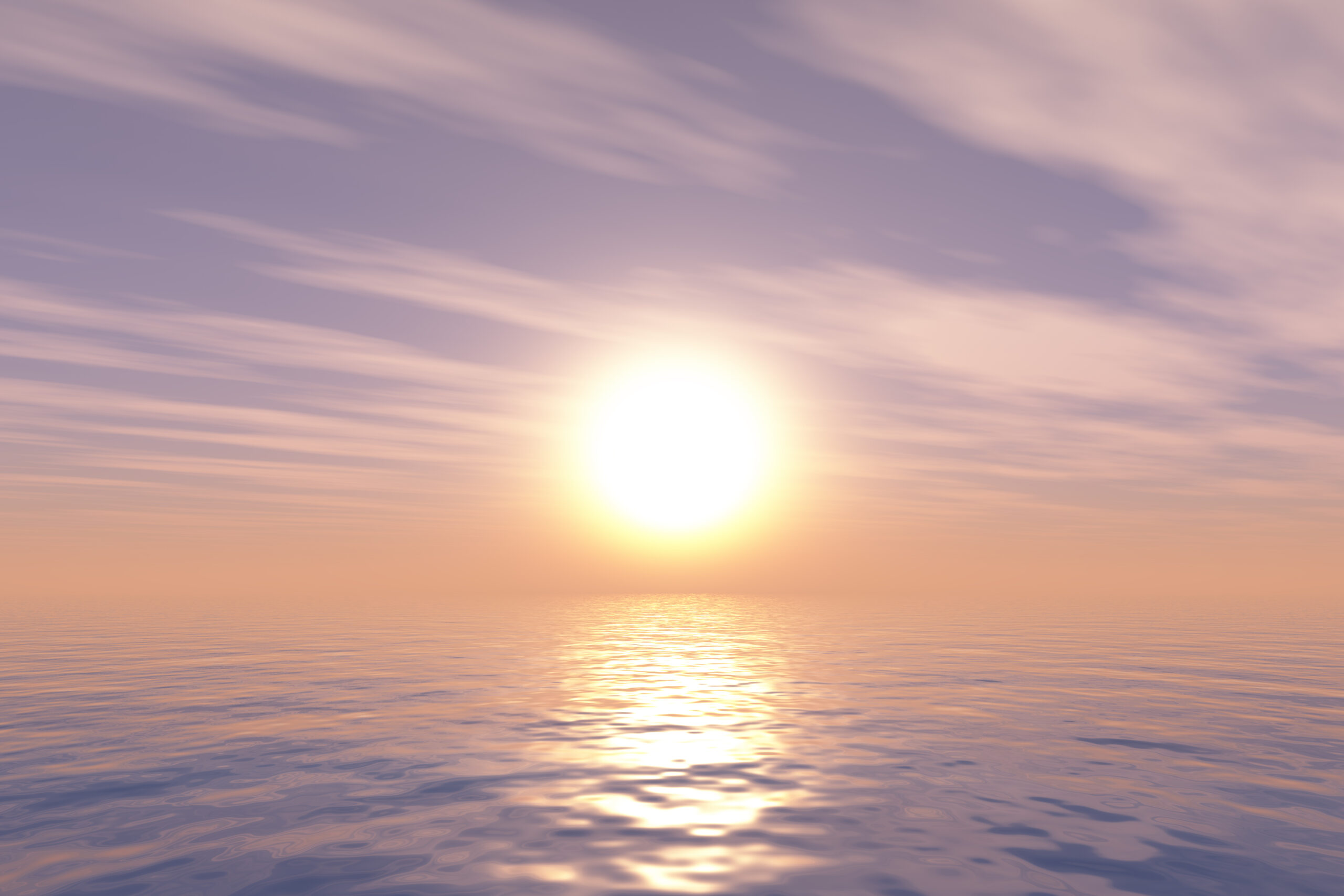 3D render of an ocean landscape against a sunset sky