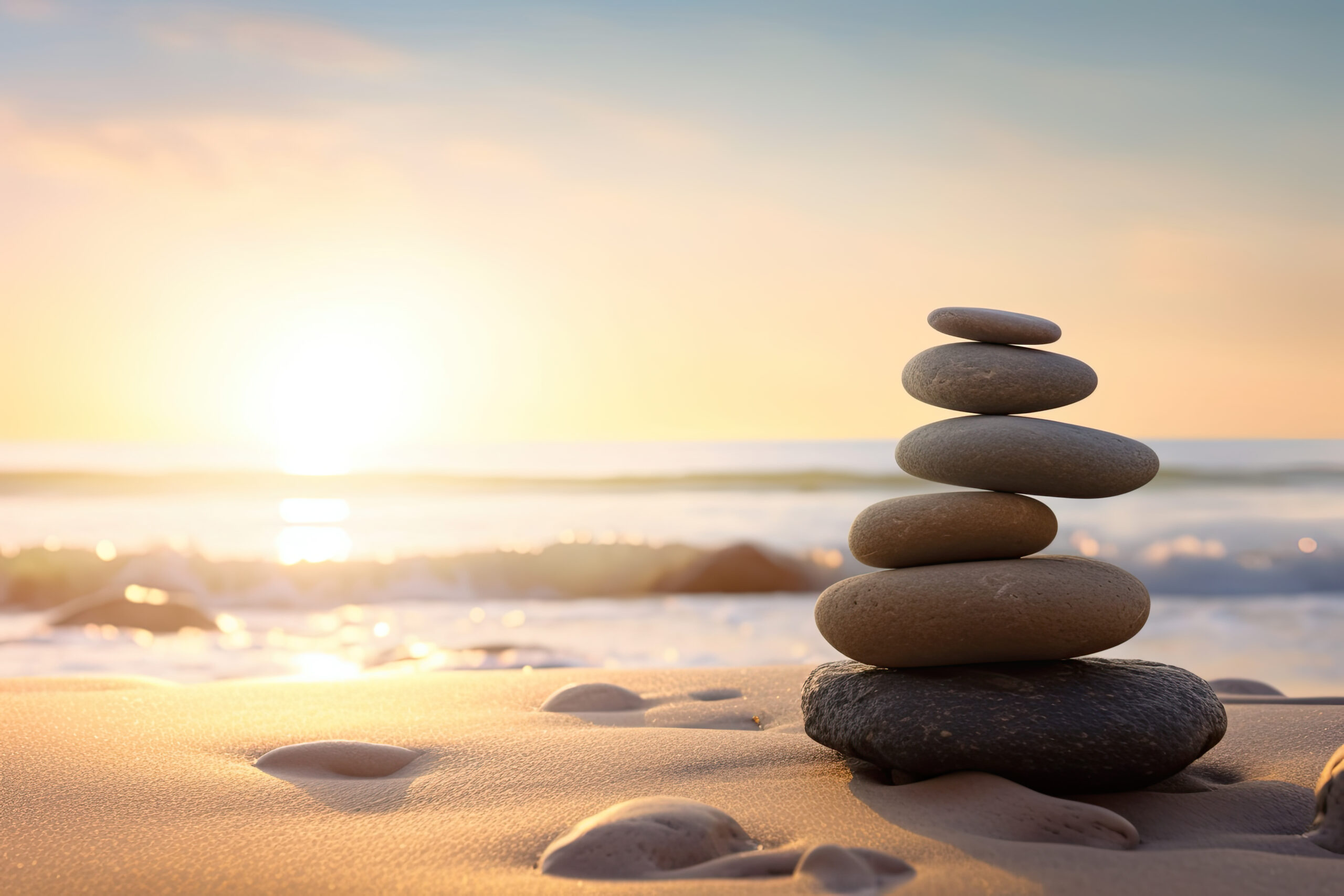 Zen stones balanced on the beach with copy space. Sunrise light. Meditation and relaxation.